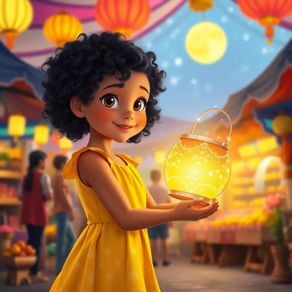 A young girl, Lila, with curly black hair, wearing a yellow dress, holding a magical shimmering lantern that sparkles like the moon, standing in front of Finn with excitement, colorful market in the background, magical and dreamy ambiance, illustration, enchanting, playful, child-friendly