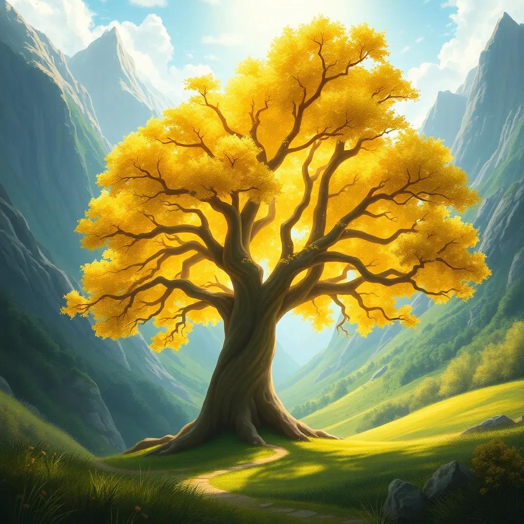 A magical tree, tall and grand, with shimmering golden leaves, in a lush green valley surrounded by mountains, bright sunlight filtering through branches, digital art, vibrant colors, enchanting atmosphere, detailed