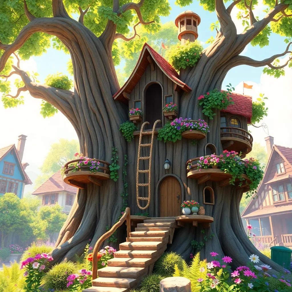 A magical treehouse in a sunny town, tall and strong with a rope ladder, surrounded by colorful flowers, vibrant sunlight filtering through the leaves, whimsical design, enchanting atmosphere, digital art, high quality
