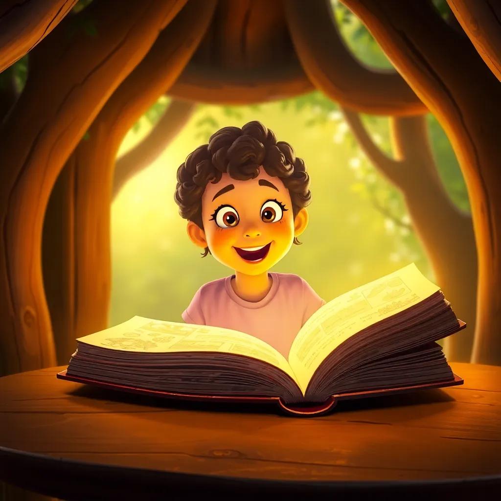 A cheerful girl, Mia, with curly brown hair and a pink t-shirt, inside the treehouse looking at a big glowing golden book on a wooden table, excited expression, cozy and warm light, colorful illustrations on the pages, digital painting, inviting