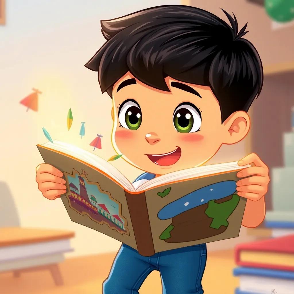 A boy, Jake, with short black hair and blue jeans, opening the book with wide eyes as pages flip magically, colorful worlds visible in the book, excited vibe, friendly atmosphere, bright colors, detailed illustration, high quality
