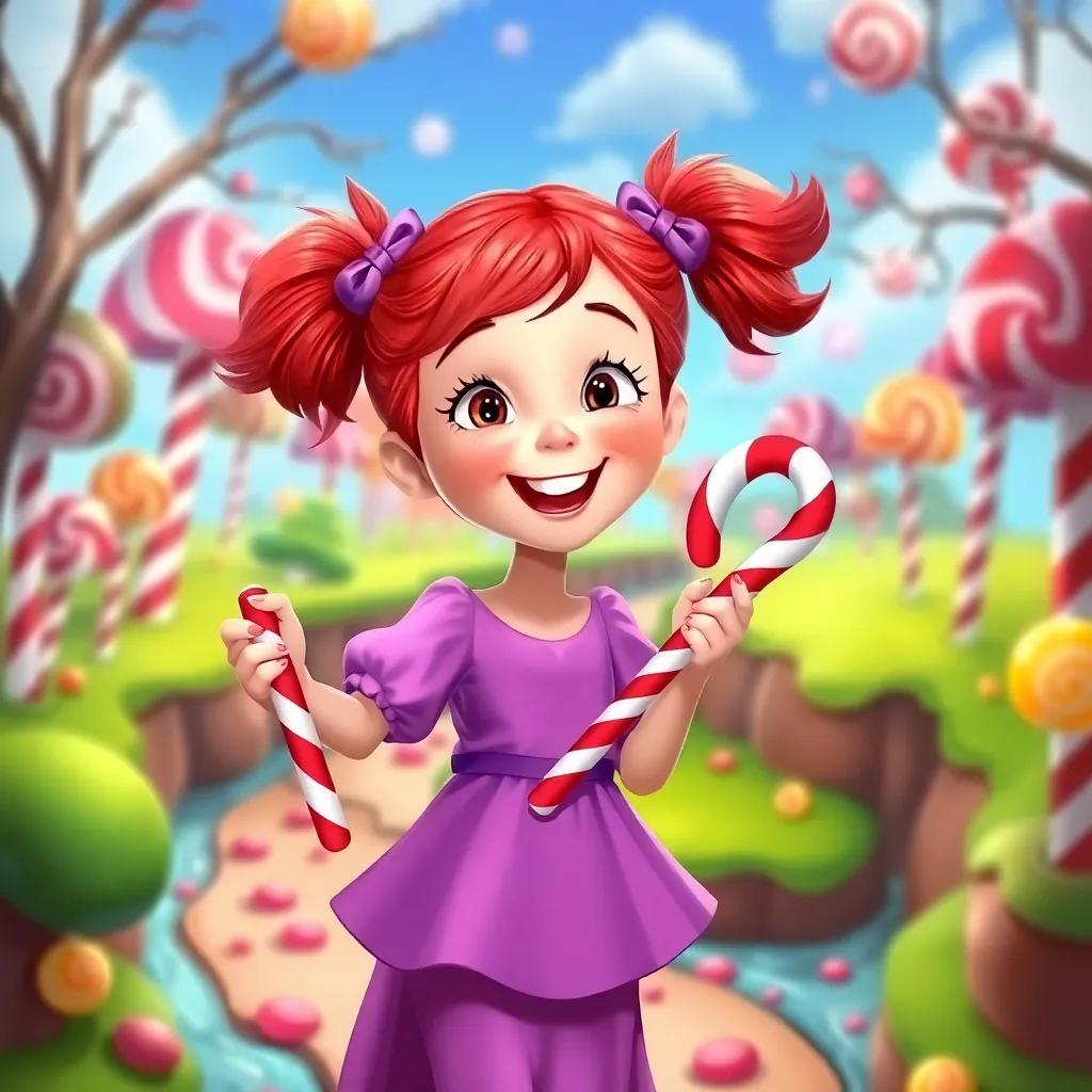 A girl, Lily, with bright red pigtails and a purple dress, holding a candy cane in Candyland with lollipop trees and chocolate rivers, joyful expression, colorful and sweet scenery, whimsical art style, digital painting
