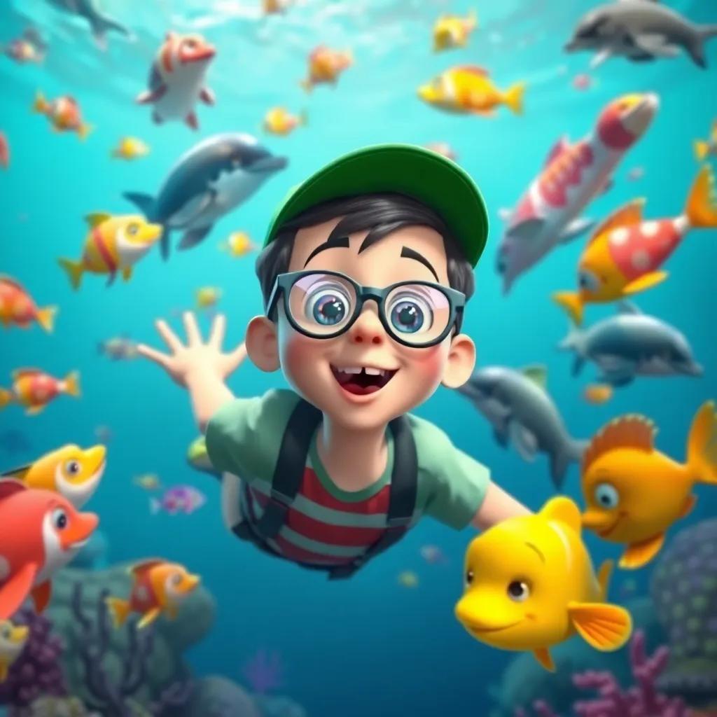 A boy, Ben, who wears glasses and a green cap, swimming with colorful fish and dolphins in an underwater world, amazed look, vibrant colors, friendly sea creatures all around, playful environment, adventure theme, child-friendly