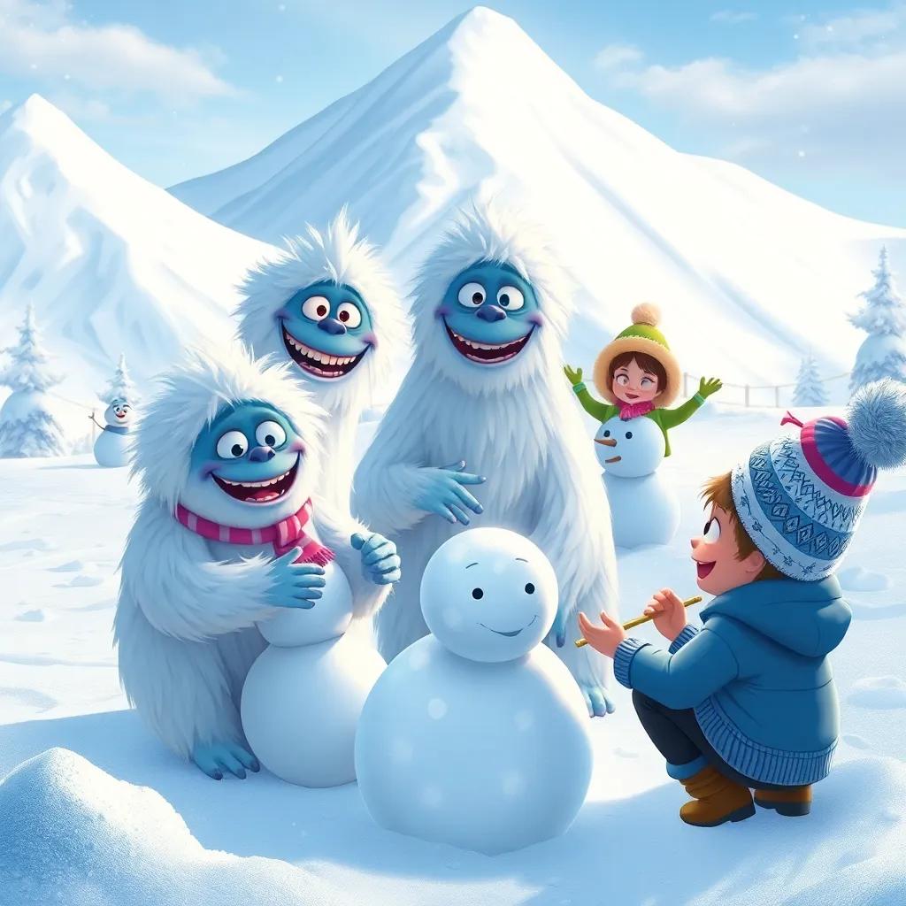 Friendly yetis playing in the snow with kids building snowmen and having snowball fights on a snowy mountain, winter wonderland scene, cheerful expressions, cozy and fun atmosphere, high detail illustration, digital art