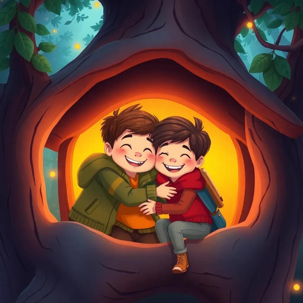 The kids hugging each other tight in the treehouse, glowing with happiness after their adventures, warm colors, magical ambiance, joy on their faces, illustration style, vibrant and inviting