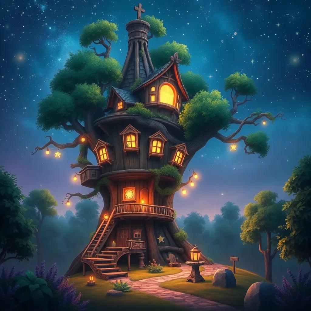 The magical treehouse standing tall under a starry sky, inviting new friends to come and explore, beautiful and mysterious, rich colors, enchanting atmosphere, digital painting, high quality