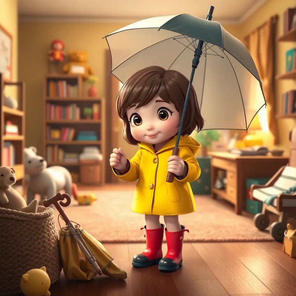 A young girl, Lily, with short brown hair wearing a bright yellow raincoat and colorful boots, discovering an old umbrella in a cozy room with toys and books, digital art, warm colors, inviting atmosphere, high quality