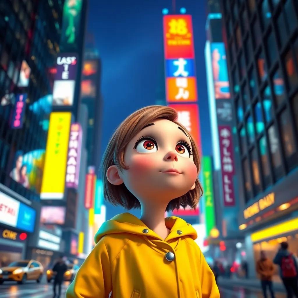 Lily, looking amazed in a bustling city with tall buildings and vivid lights, wearing a yellow raincoat, while experiencing the excitement around her, digital art, vibrant colors, lively city life, high quality