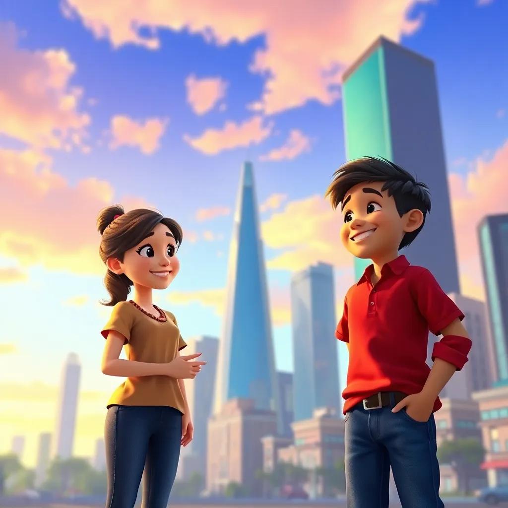 Lily meets Ravi, a young boy from the city, wearing a red shirt and jeans, standing in front of tall buildings with a big smile, sharing stories under the colorful sky, digital art, cheerful and friendly, engaging energy, high quality