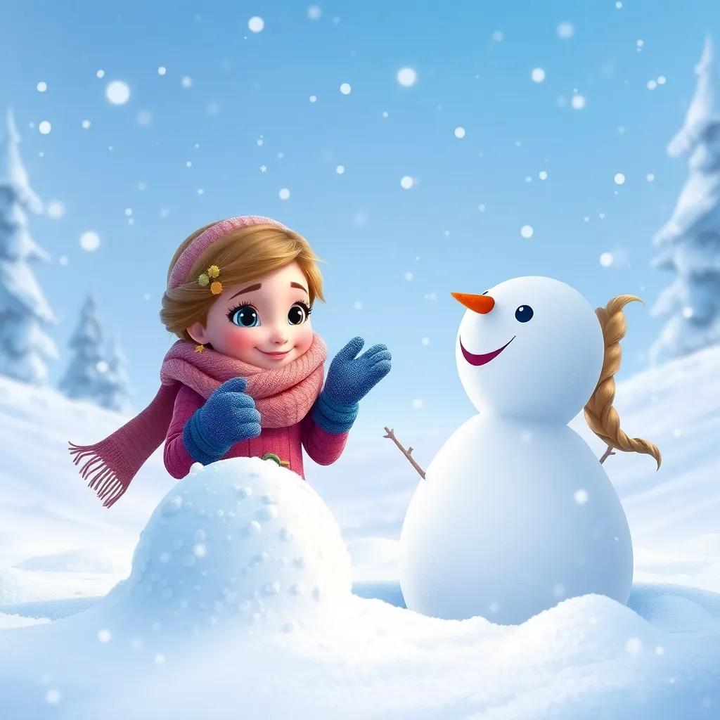 Lily, in a snowy landscape, with snowflakes falling around her, building a snowman with Freya, a girl wearing a warm scarf and gloves, feeling joyful in the snowy world, digital art, winter magic, playful atmosphere, high quality
