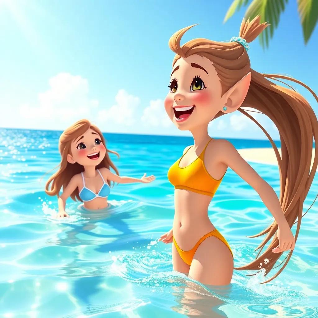 Lily, by a sunny beach, wearing a bright swimsuit, swimming with Maria, a girl with long hair, laughter in the air, sparkling ocean waves, digital art, vibrant summer colors, joyful moments, high quality