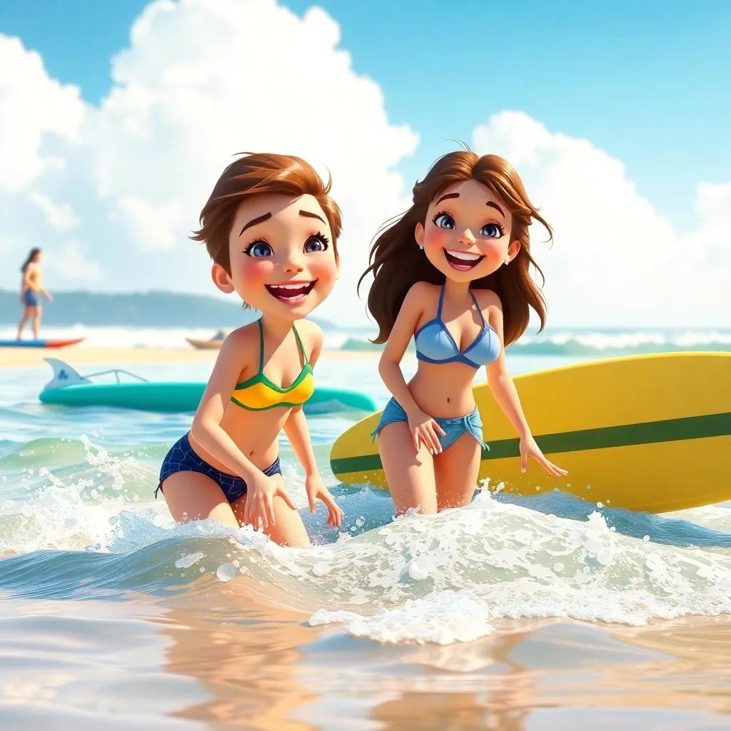 Lily enjoying the beach with Maria, splashing in the water, surfboards nearby, surrounded by laughter and sunshine, a fun summer day, digital art, bright and cheerful, engaging beach life, high quality