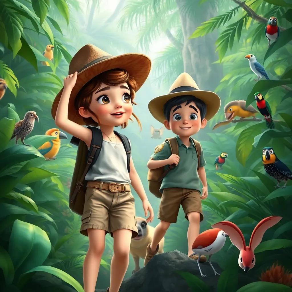 Lily exploring a jungle with Leo, a boy wearing khaki shorts and a big hat, surrounded by lush greenery and colorful animals, feeling adventurous and amazed, digital art, rich greens, vibrant jungle colors, high quality