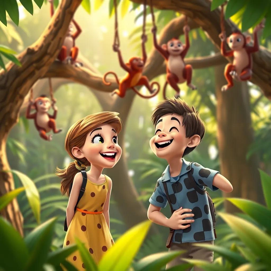 Lily and Leo observing monkeys swinging in the trees, laughing together, experiencing the jungle life with excitement, detailed art, colorful wildlife, cheerful and adventurous, high quality