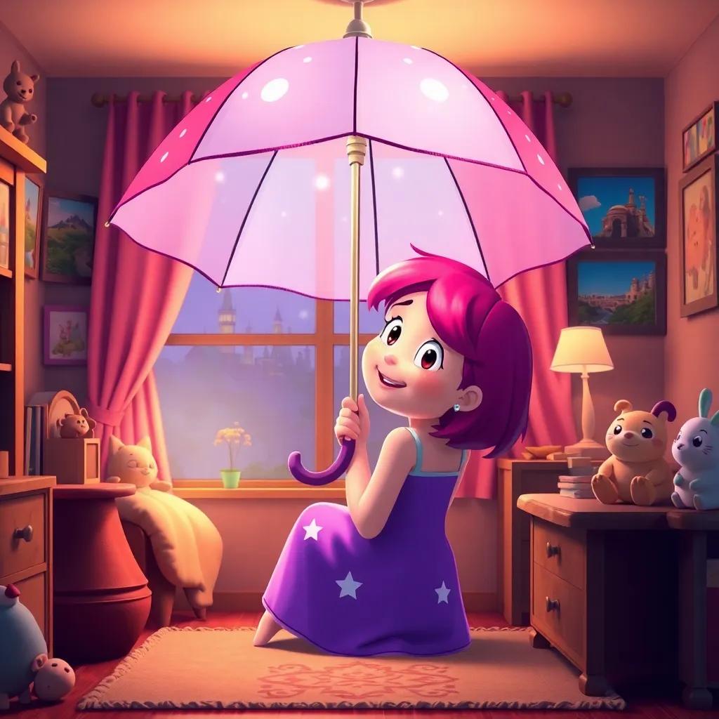 Lily back in her cozy room, smiling at her magical umbrella, surrounded by memories of her adventures in different places with her friends, warm lighting, homey atmosphere, digital art, feelings of joy and adventure, high quality