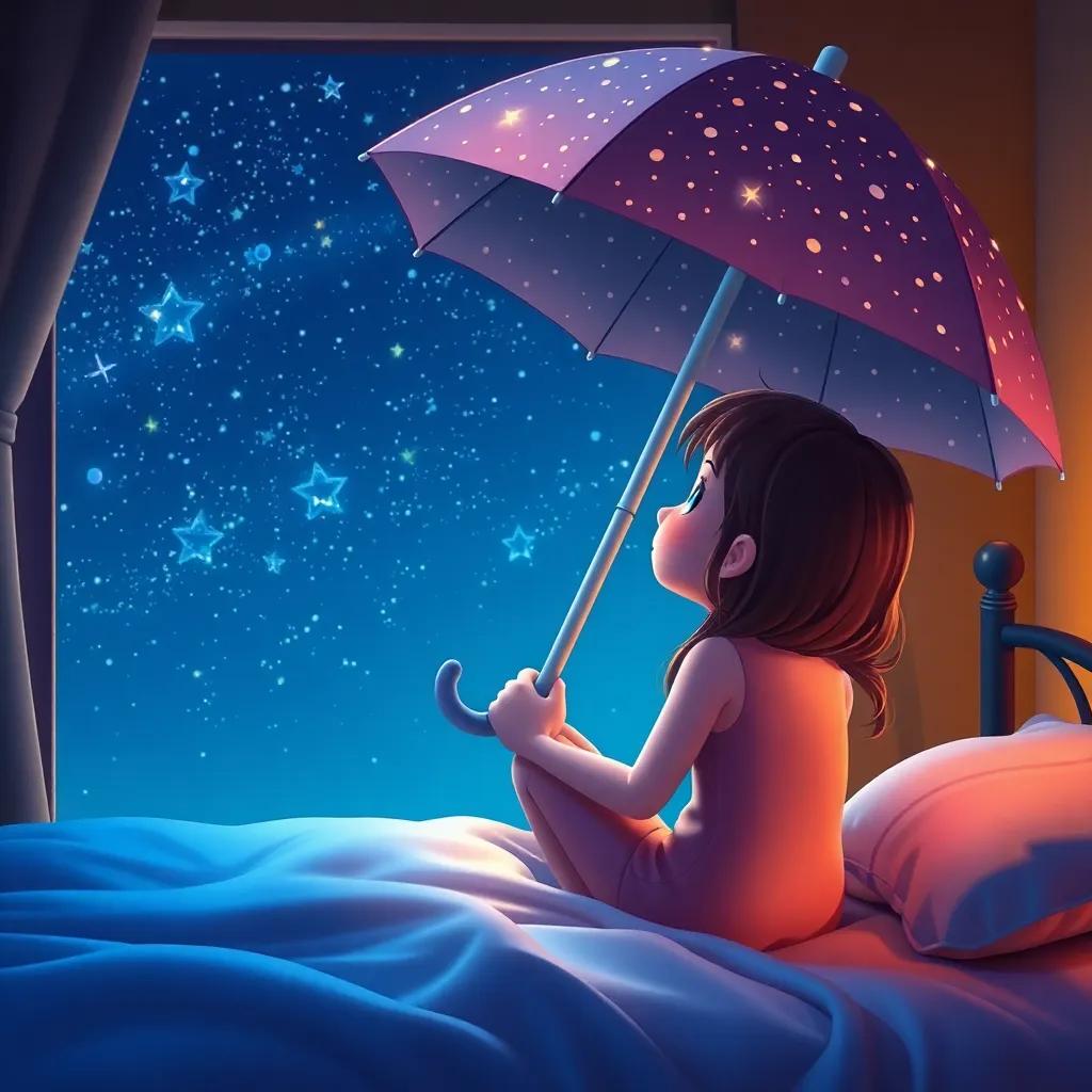 Lily with her magical umbrella, dreaming of future adventures, sitting on her bed, gazing out the window at the starry night sky, digital art, deep blues and warm hues, imaginative and inviting, high quality
