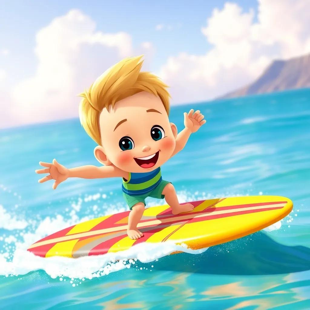 A lively 8-year-old boy, Jake, with short blonde hair, wearing a colorful surfboard, happily surfing on a sunny beach in Kona, Hawaii, digital art, bright colors, cheerful atmosphere, high quality