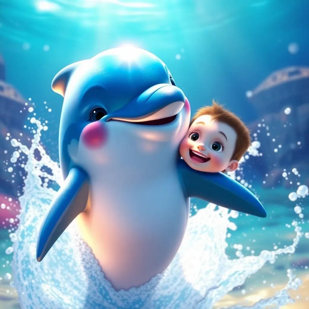 A magical dolphin named Duffy, with shiny blue skin, playfully splashing water, inviting Jake to join him in a joyful underwater adventure, digital painting, vibrant, exciting, uplifting imagery