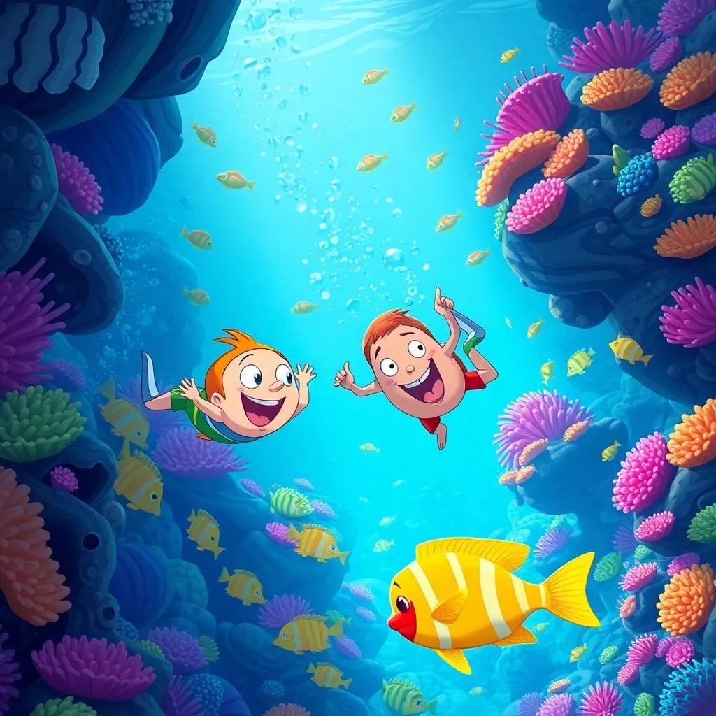Jake and Duffy diving deep, discovering a colorful underwater city with bright corals and friendly sea creatures, lively tropical fish swimming around, illustration, whimsical, inviting atmosphere, child-friendly