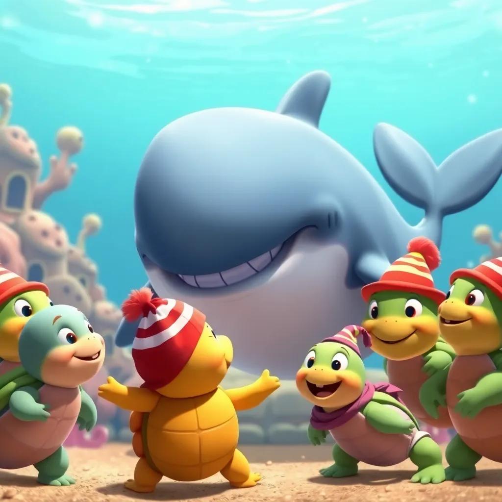 A friendly whale named Willy, large and funny, talking to Jake with a smile, surrounded by cheerful turtles wearing cute hats in Coralville, digital art, colorful, joyful scene, high quality
