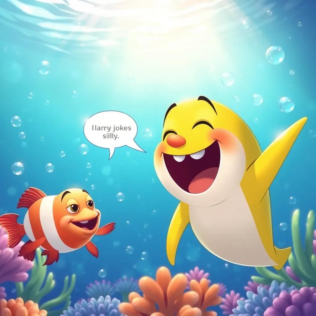 Jake laughing with tropical fish, who are telling silly jokes, as bubbles surround them in the sparkling ocean water, illustration, humorous, bright colors, friendly and engaging atmosphere