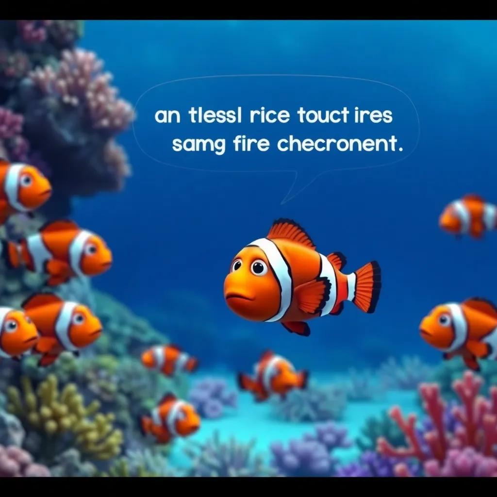 A school of worried clownfish speaking to Jake about strong currents, with a friendly backdrop of vibrant corals and blue ocean, digital art, serious yet hopeful atmosphere, high quality