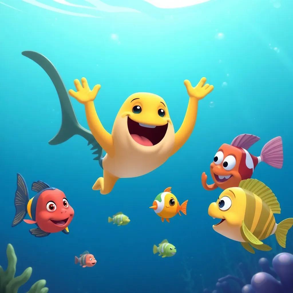 Jake enthusiastically leading the underwater creatures in a teamwork activity, forming a barrier to help the baby fish, fun and engaging, cheerful colors, child-friendly