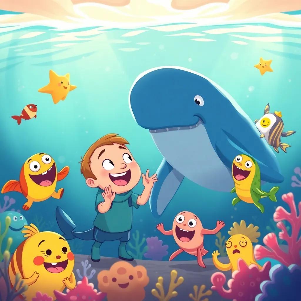 Jake learning the lesson of teamwork while smiling at Willy the whale, surrounded by happy sea creatures celebrating their success, illustration, warm colors, uplifting atmosphere, high quality