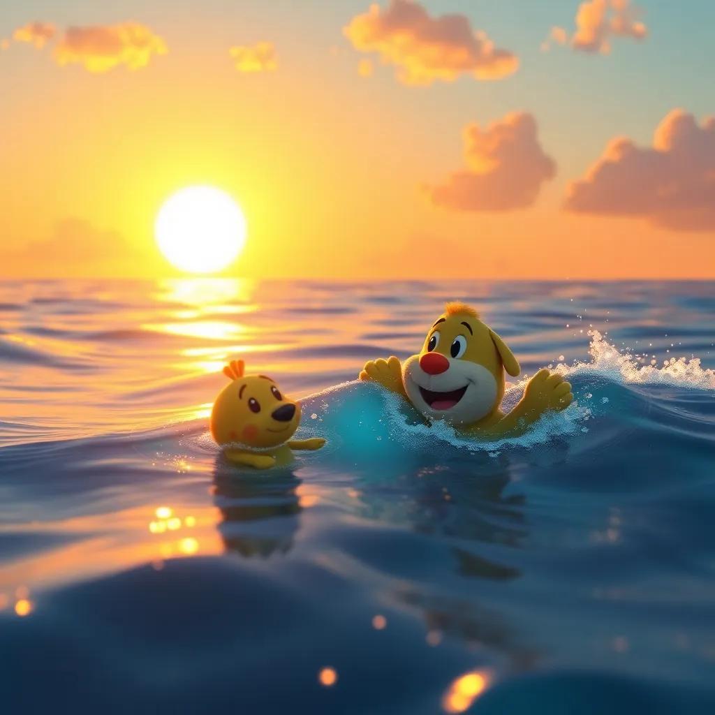 Duffy swimming Jake back to the surface, with a beautiful sunset reflecting on the ocean, cheerful farewell waves, digital art, bright and warm, magical scene, high quality