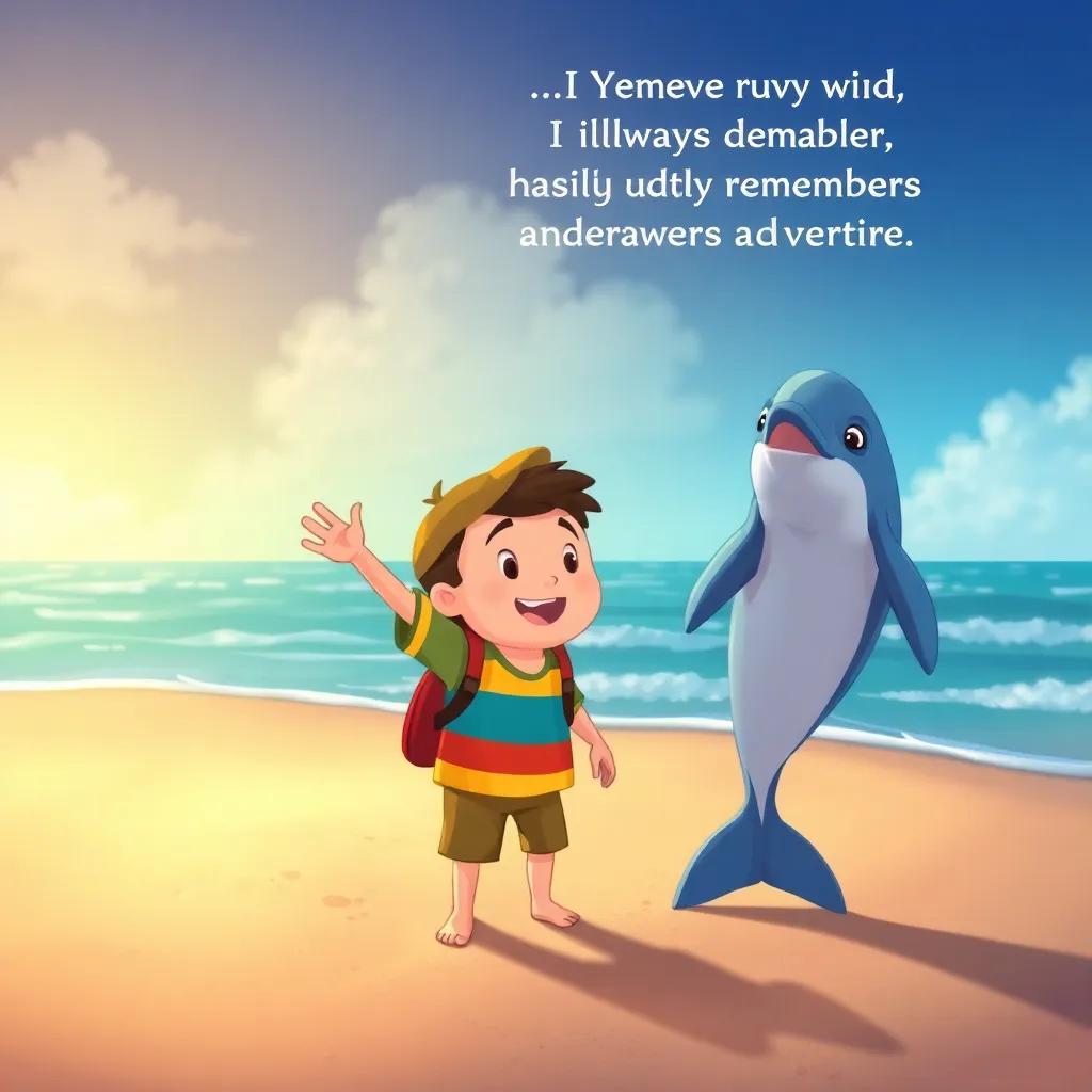 Jake on the beach, waving goodbye to Duffy the dolphin, promising to always remember his magical underwater adventure, illustration, heartfelt, colorful, inviting atmosphere, high quality