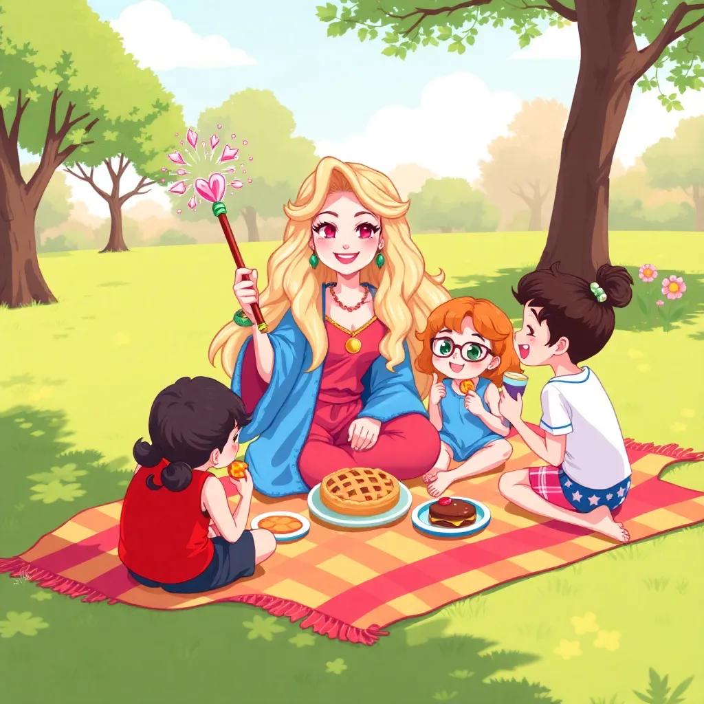 Wanda, a cheerful woman, with a special magic wand, sitting on a colorful picnic blanket with friends, enjoying snacks in a sunny park, playful scene, bright colors, joyful mood, high-quality illustration