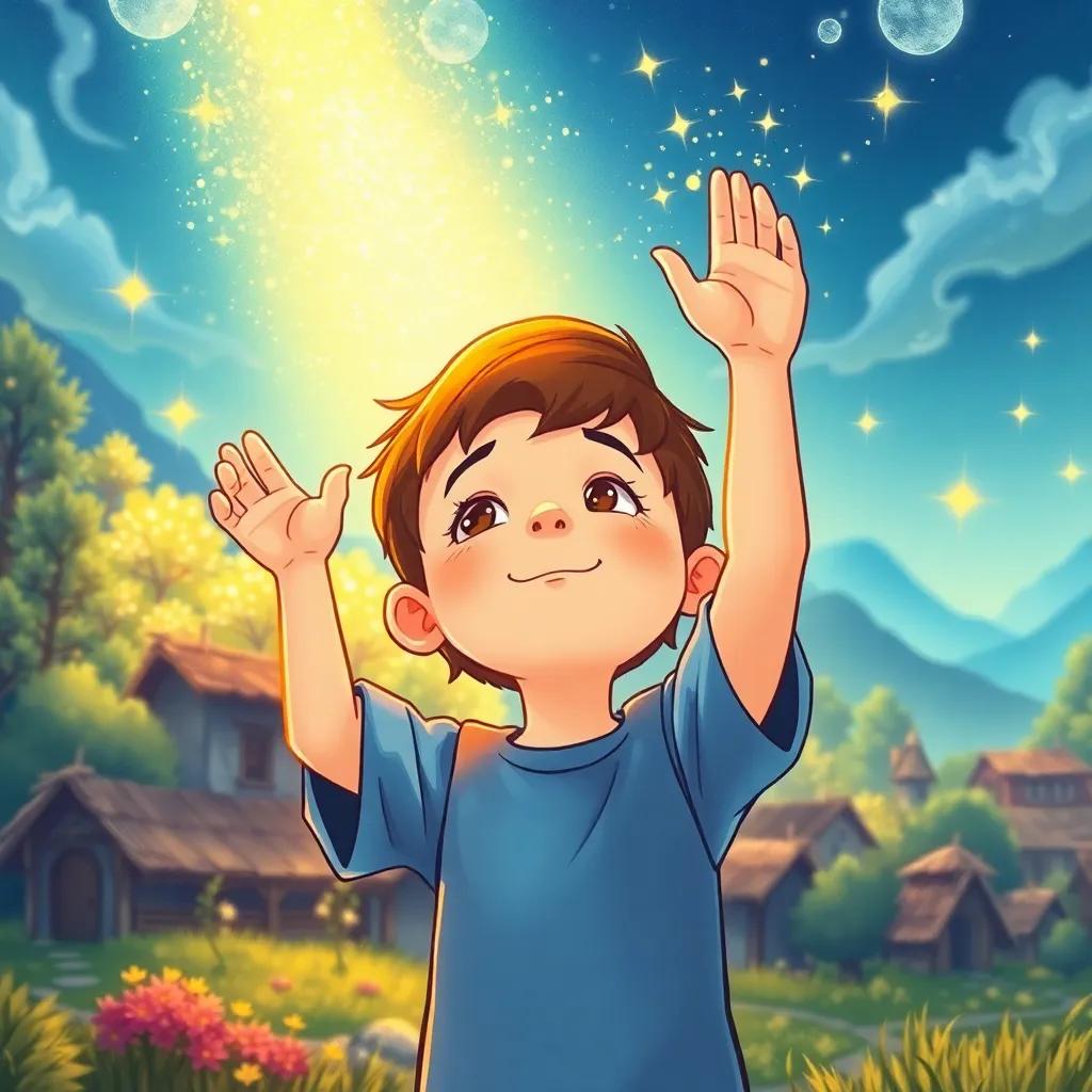 A mystical setting in Aldris, with a backdrop of shimmering trees and amazed villagers, Finn, a young boy with short, brown hair in a bright blue shirt, prays with raised hands toward the sky, a sense of wonder surrounding him, magical sparkles in the air, colorful and hopeful, high quality
