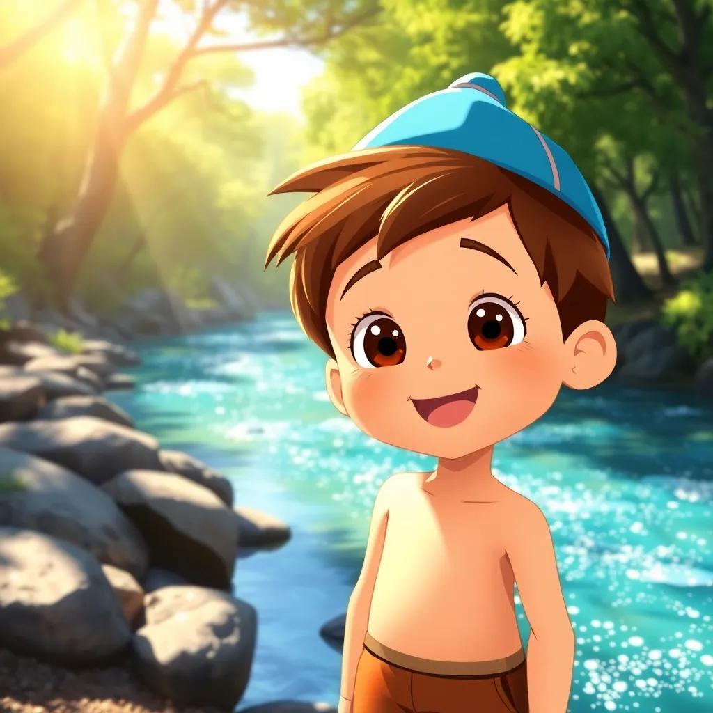 A curious young boy, Miko, with short brown hair, wearing a little blue hat and shorts, standing by a sparkling river with trees around him, excited expression, cheerful atmosphere, bright sunlight, digital art, vivid colors