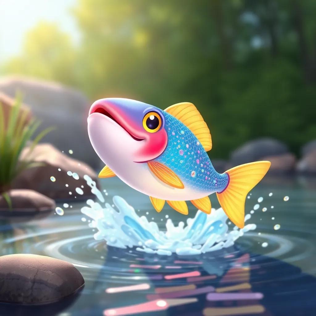 An electric fish named Flicker, bright and colorful with sparkling scales, jumping out of a river, splashing water around, under the sunlight, playful scene, cartoon style, whimsical