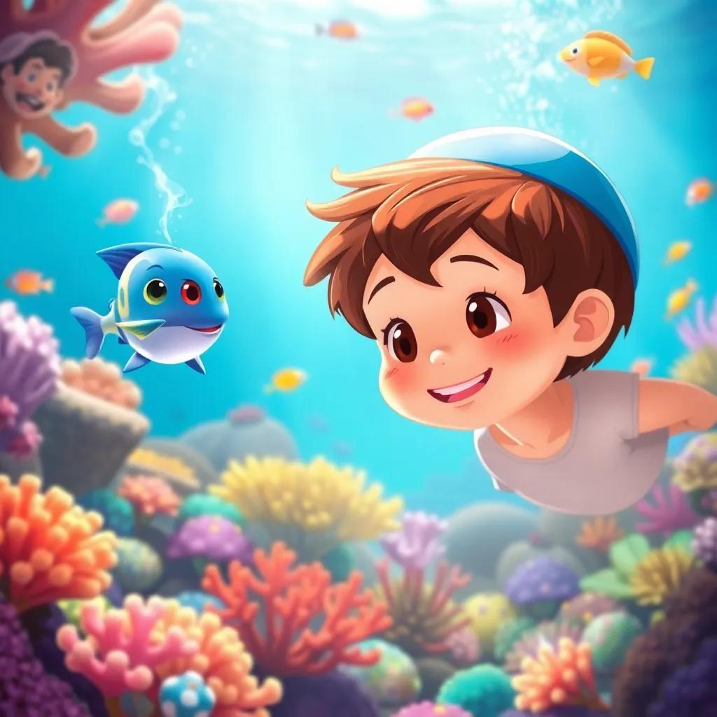 Miko, a curious young boy with short brown hair and a blue hat, following Flicker the electric fish underwater, surrounded by beautiful coral reefs and colorful fish, smiling in amazement, bright underwater scene, illustration, friendly and lively