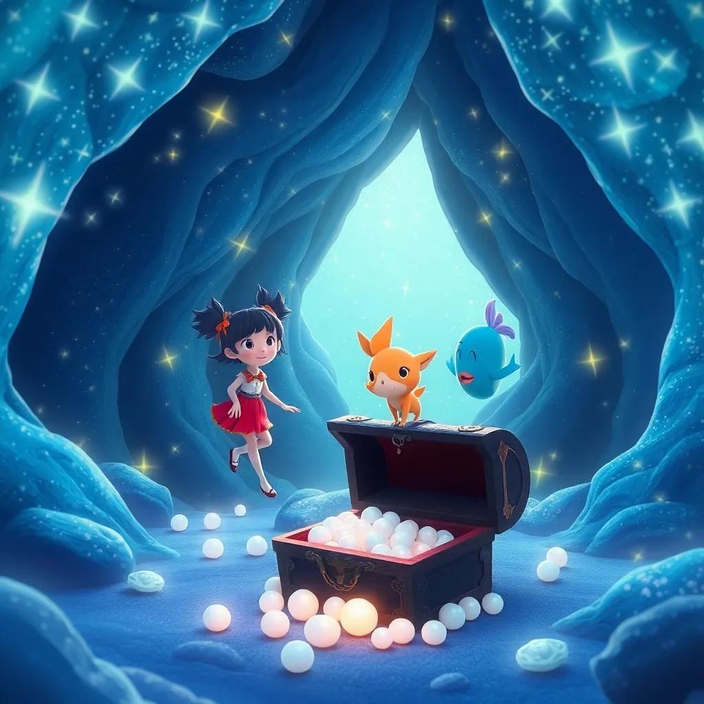An underwater cave with sparkling walls that resemble stars, Miko and Flicker exploring, a treasure chest filled with glowing pearls open in front of them, magical atmosphere, soft glowing light, inviting