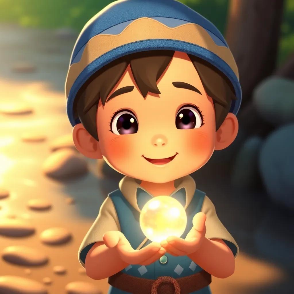 Miko, a young boy with a blue hat, carefully holding a shimmering pearl in his hand, standing by the riverbank with a look of wonder, warm sunlight illuminating his face, happy and adventurous mood, cartoon style