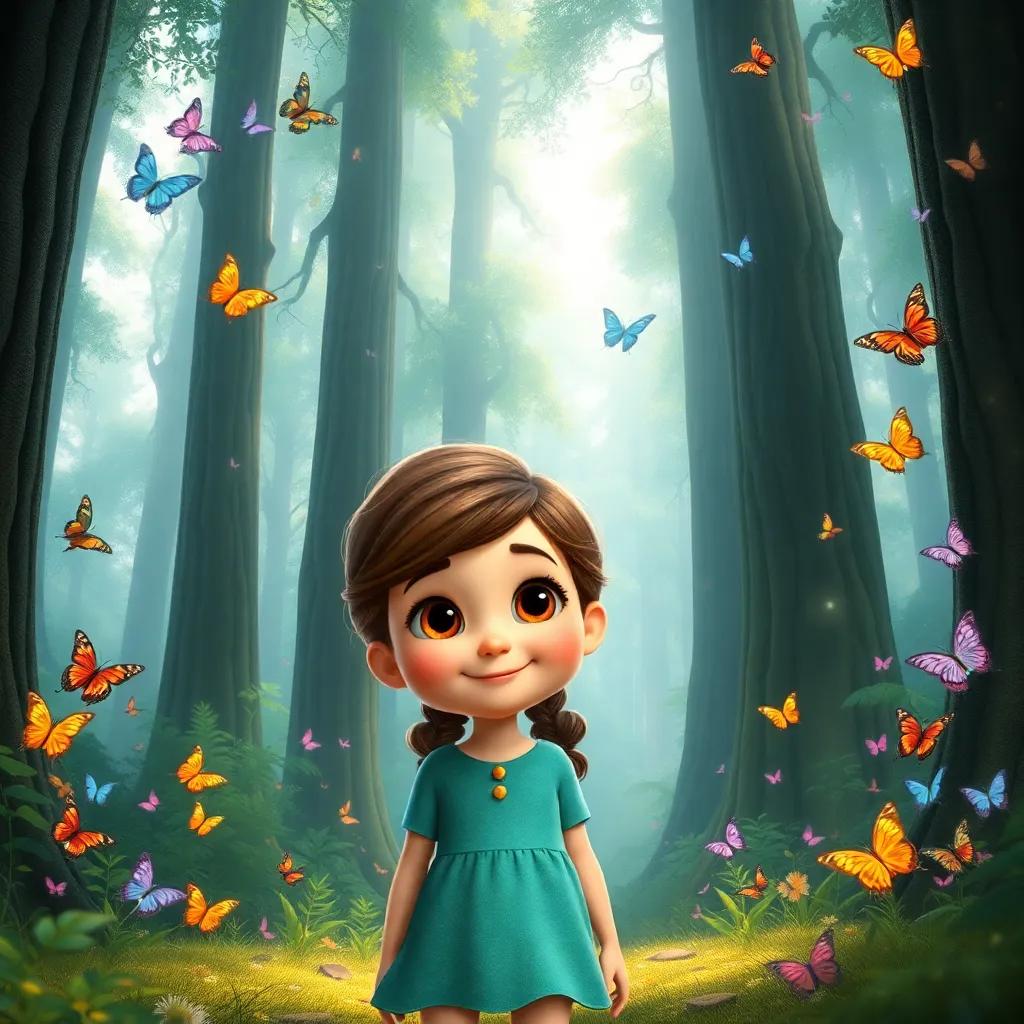 A curious girl, Bella, with big bright eyes and a smile, standing at the entrance of a magical forest, surrounded by tall trees and colorful butterflies, detailed digital art, bright colors, enchanting atmosphere, high quality