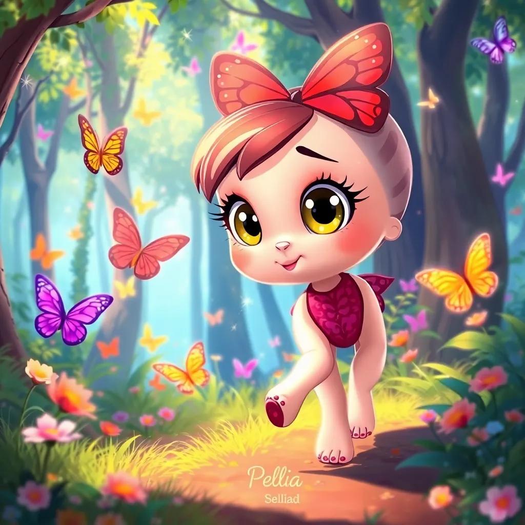 Bella, with big bright eyes, follows colorful butterflies in a magical forest, butterflies sparkling in sunlight, detailed illustration, cheerful, inviting scene, high quality