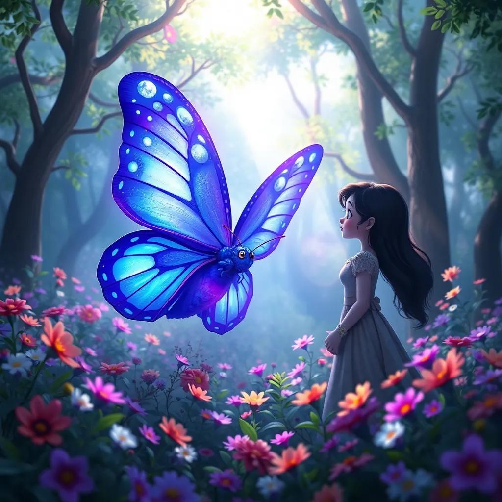 Luna, a wise old butterfly glowing in shades of blue and purple, talking to Bella in a grove filled with flowers, light shining through the trees, magical atmosphere, digital painting, vibrant colors, high quality