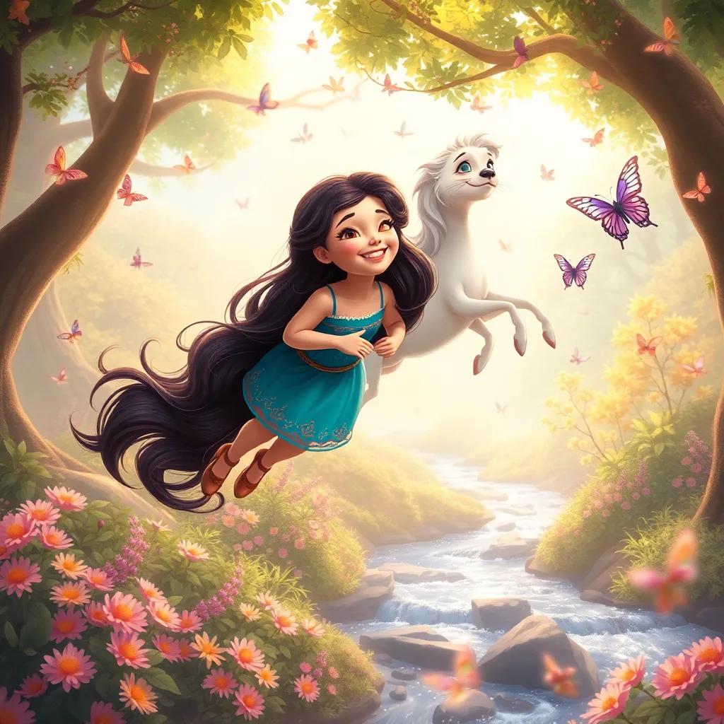 Bella, laughing joyfully as she and Luna soar through the grove, colorful trails of butterflies surrounding them, beautiful flowers and sparkling streams below, enchanting digital art, lively, warm colors, high quality