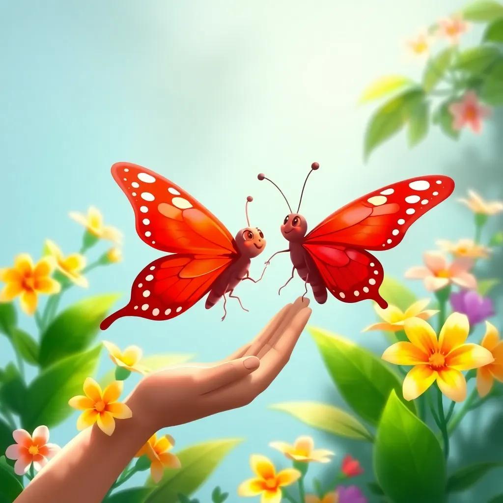 A bright red butterfly, Ruby, spreading joy and laughter, landing on Bella's hand, green leaves and bright blooms around them, whimsical illustration, cheerful atmosphere, high quality