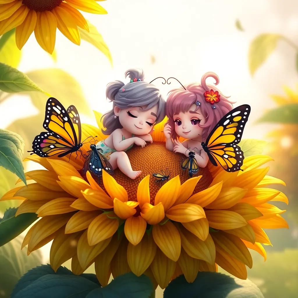Bella and her butterfly friends resting on a big sunflower, sharing secrets together, soft light filtering through leaves, delightful digital art, warm, friendly vibes, high quality