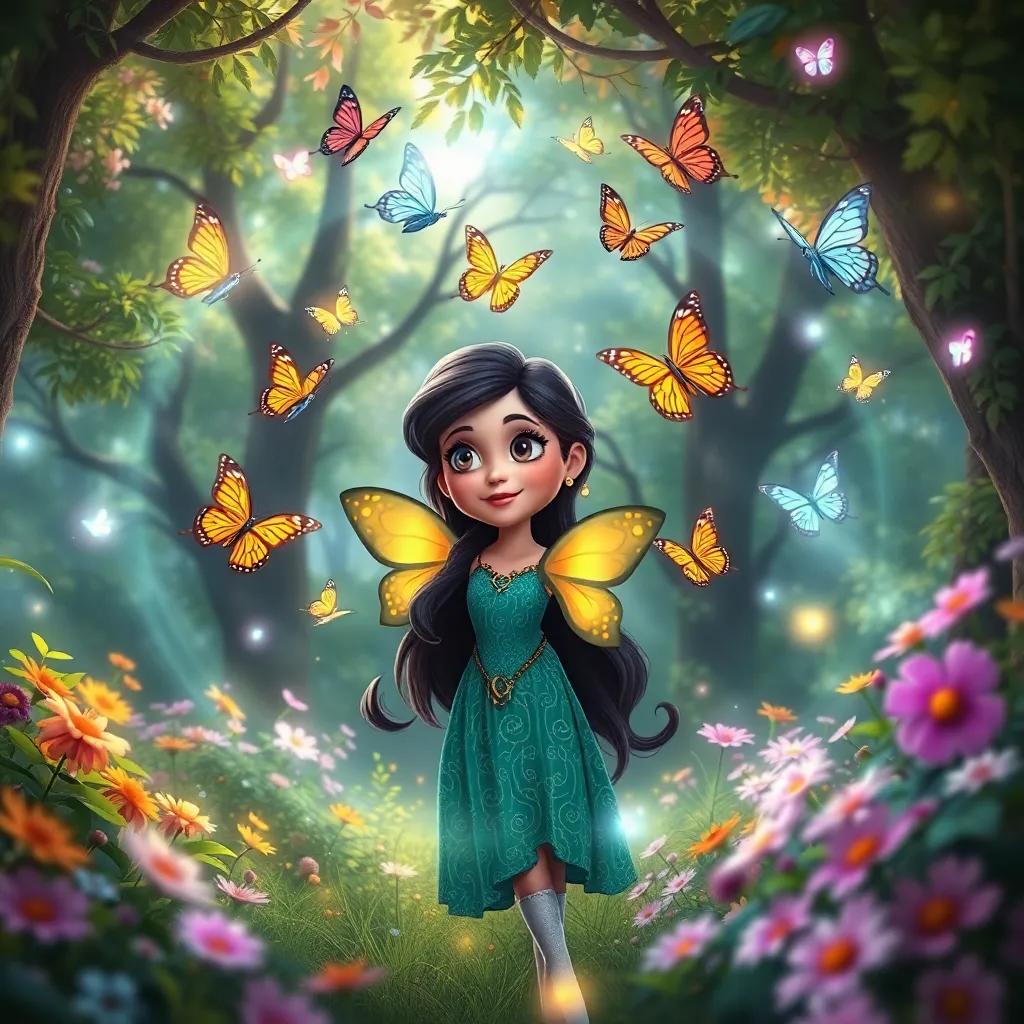 Bella with her butterfly friends flying around her, creating colorful trails of light in the grove, trees and flowers surrounding them, magical scene, vivid colors, high quality
