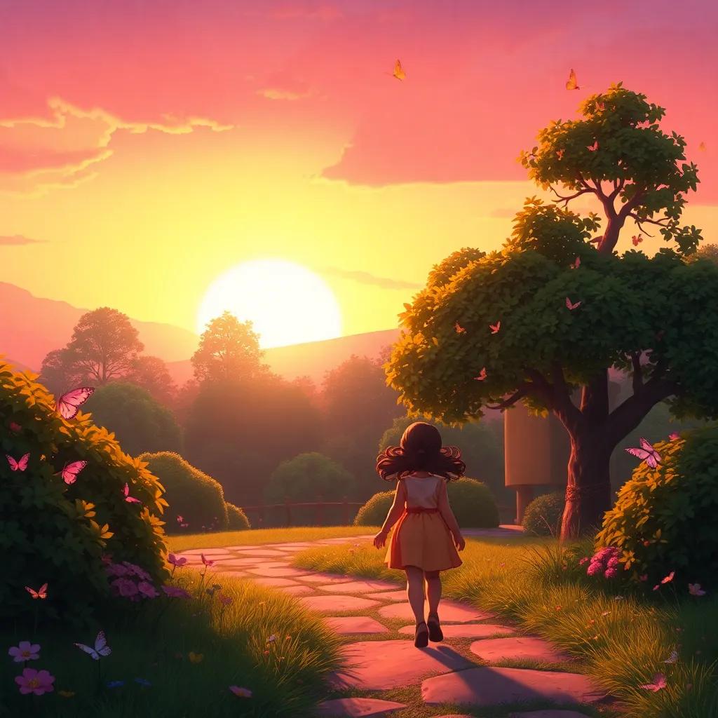 The sun setting over the magical grove, painting the sky in shades of pink and gold, Bella walking back home with butterflies around her, serene atmosphere, digital painting, calming colors, high quality