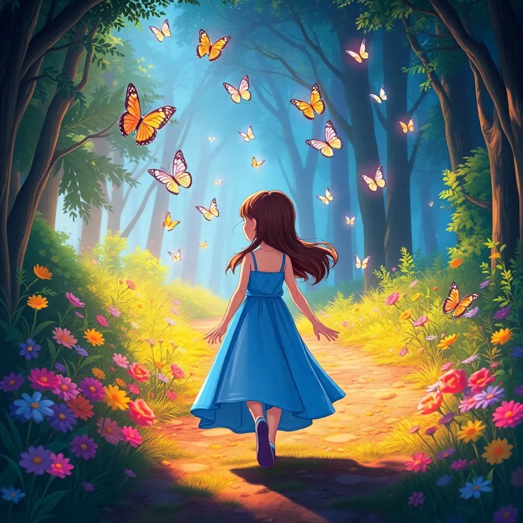 Bella walking down the magical path, butterflies carrying her dreams, bright colors in the forest, vision of hope, whimsical illustration, uplifting mood, high quality