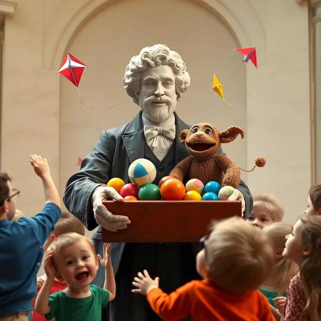 Mr. Jasper with a box of toys, colorful balls, kites, and a puppet named Charlie, children excitedly gathered around him, playful setting, fun and joyful, digital art