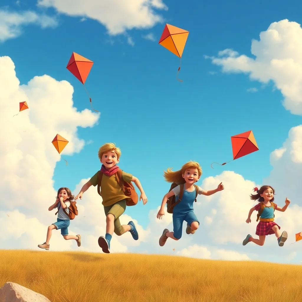 Children flying kites in the sky, Mr. Jasper running with them, bright blue sky and fluffy clouds, laughter in the air, adventure-themed illustration
