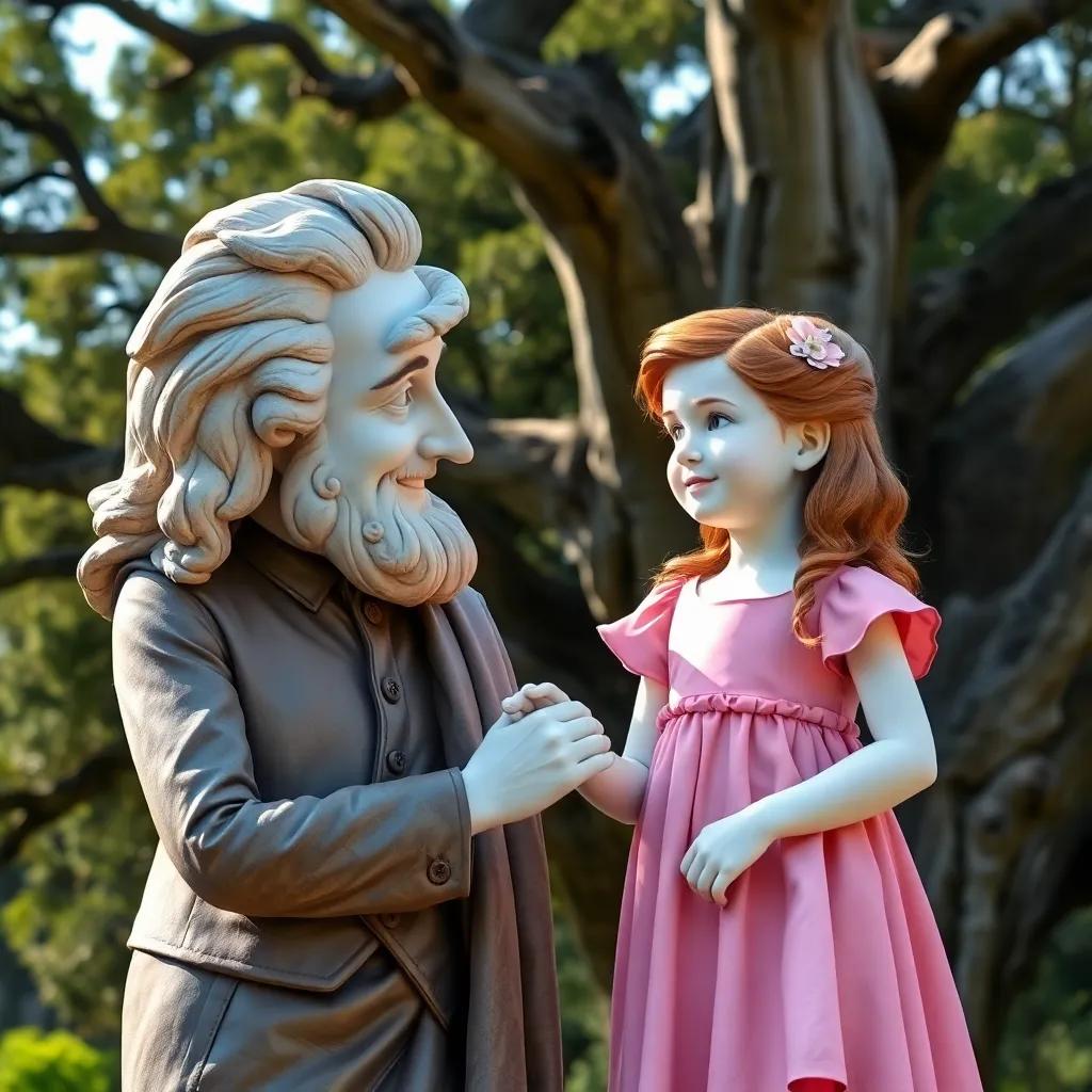 Mr. Jasper gently talking to shy Lily, a little girl with brown hair in a pink dress, big tree background, warm smile, inviting scene