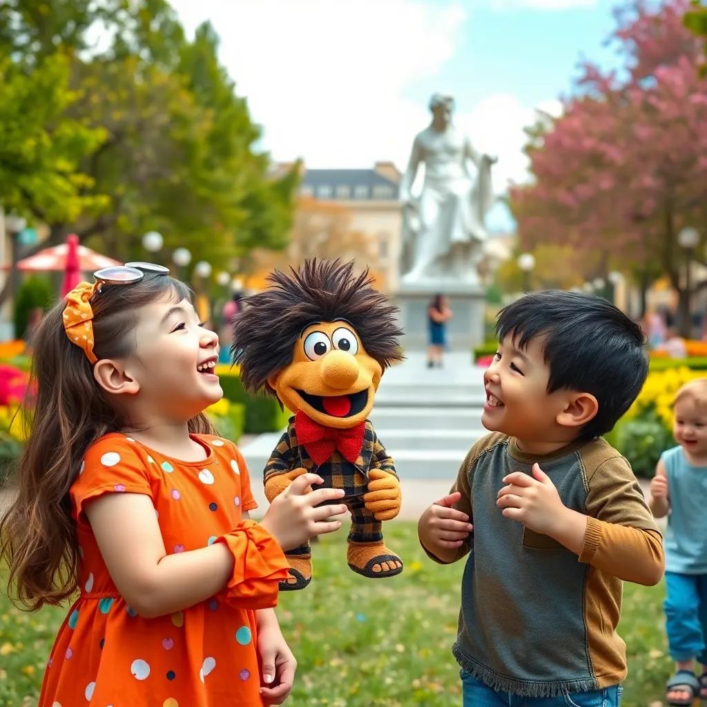 Lily laughing with Mr. Jasper and Charlie the puppet, colorful park with happy children playing, joy and friendship, cheerful colors